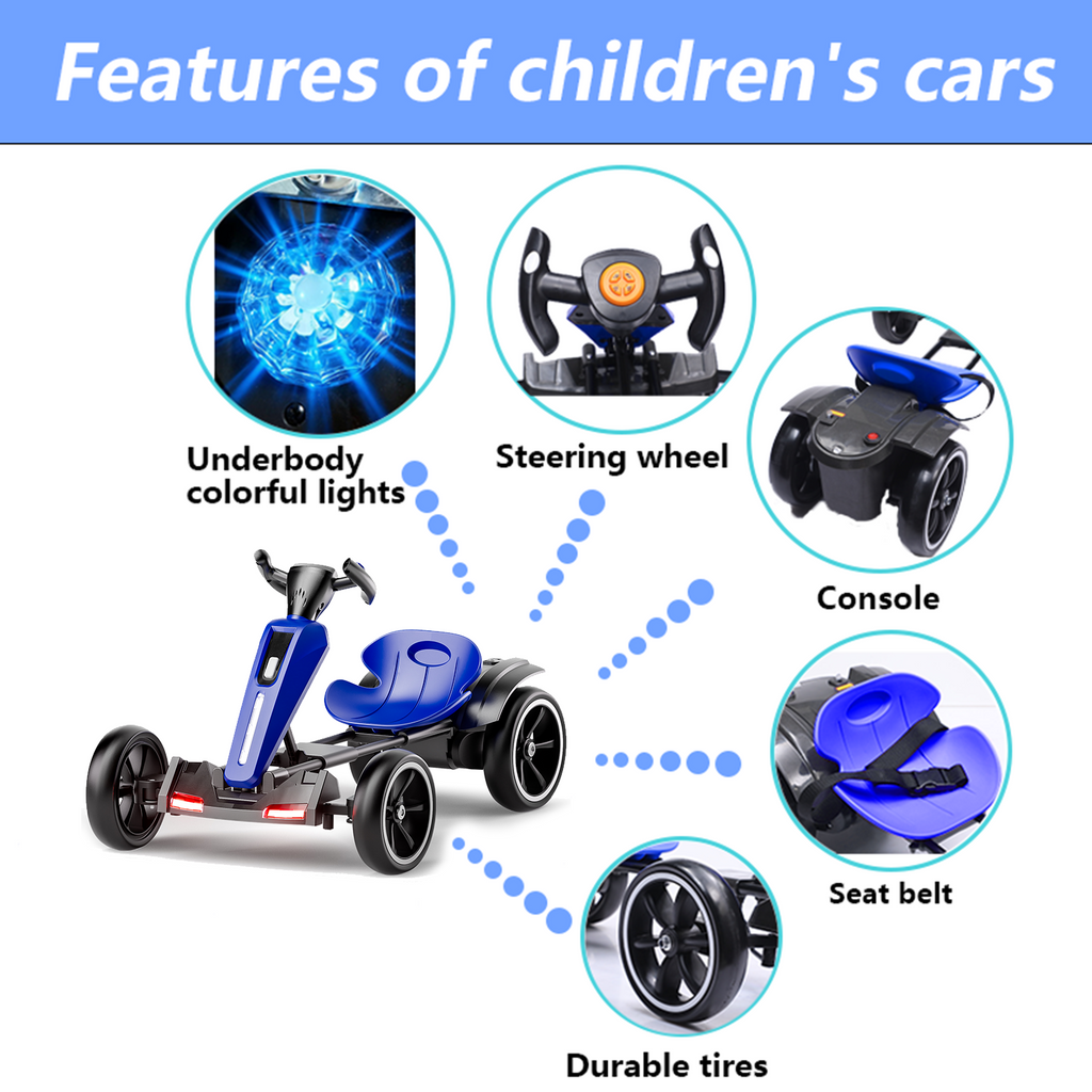 12V Electric Go Kart for Kids – Foldable 4-Wheel Ride-On with Adjustable Seat, LED Lights & Bluetooth – Blue