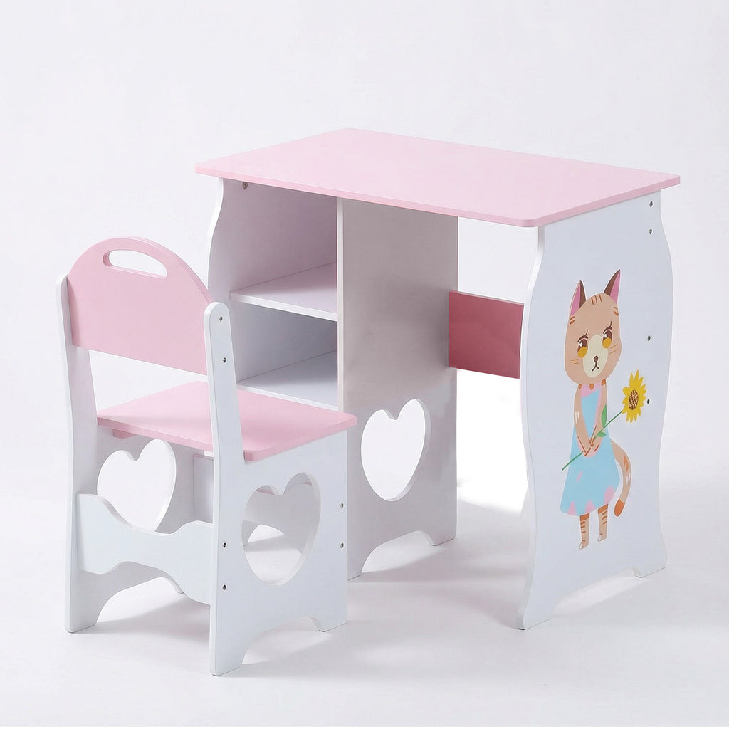 Kids Wooden Study Desk and Chair Set with Bookshelf – Children's Learning Table & Storage Shelf