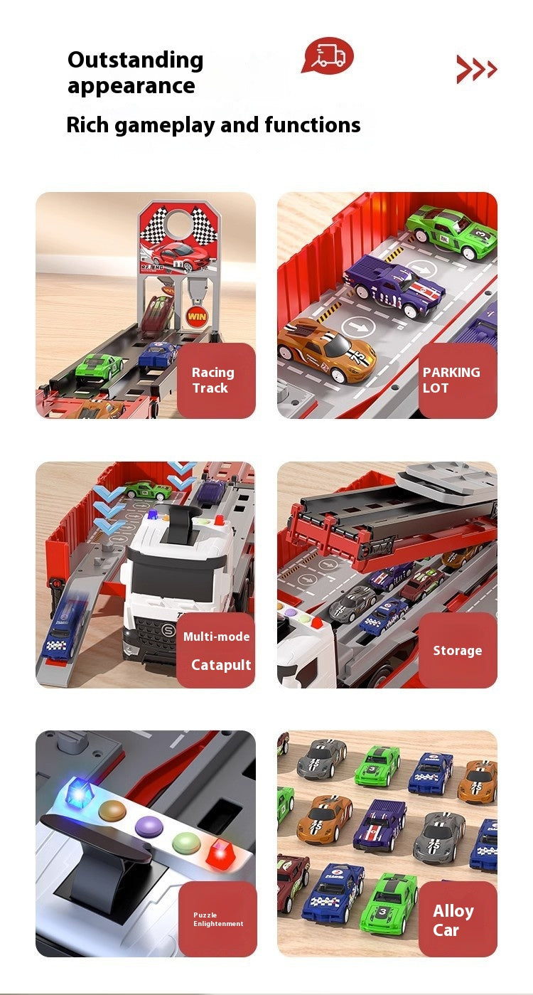 Kids' Transforming Container Truck & Race Car Track Set – Multi-Level Car Launcher with Mini Cars