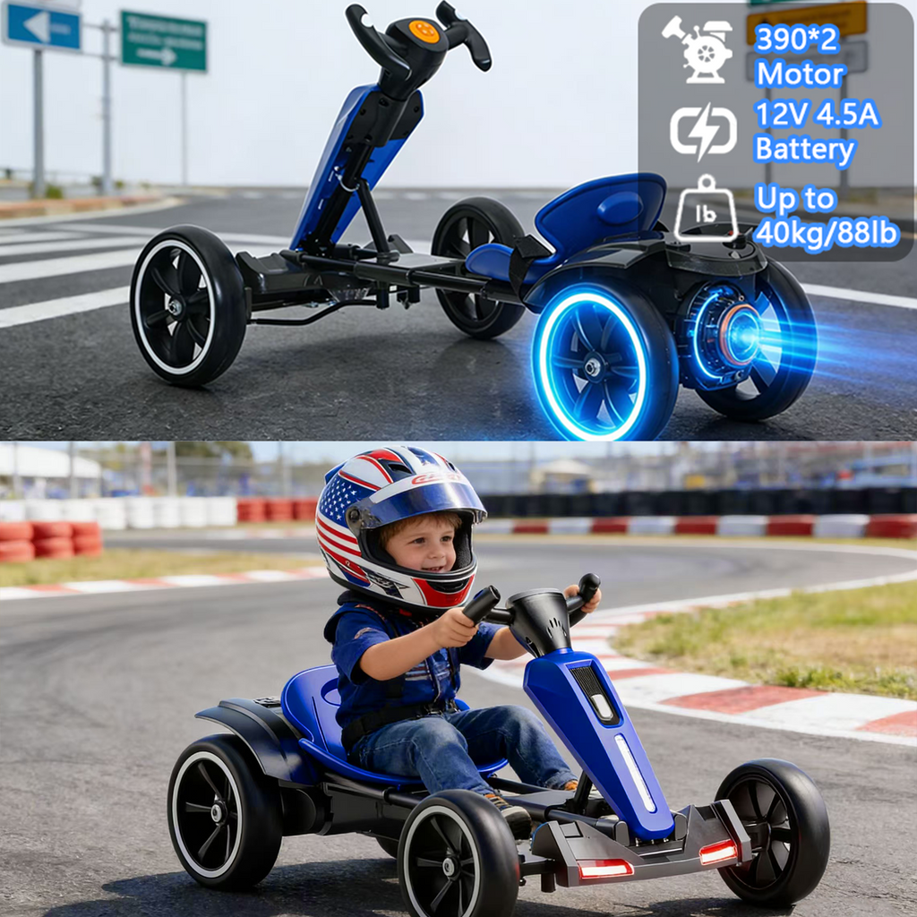 12V Electric Go Kart for Kids – Foldable 4-Wheel Ride-On with Adjustable Seat, LED Lights & Bluetooth – Blue