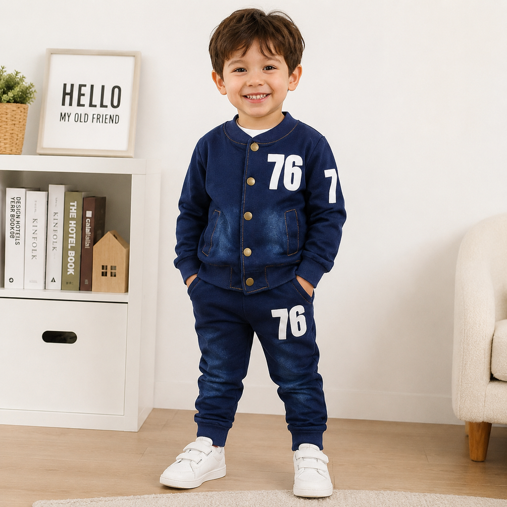 Boys Denim Long Sleeve Outfit Set – Cotton Sweatshirt & Jogger Pants (2-Piece)