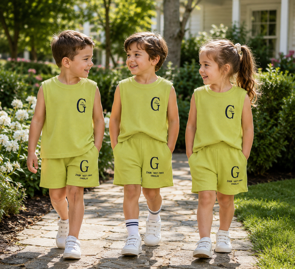 Kids Summer Waffle Knit Two-Piece Outfit – Sleeveless Letter Top & Shorts Set