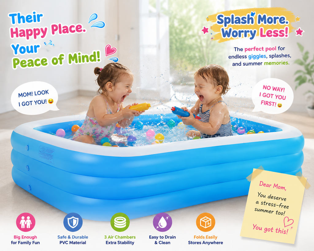 Large Inflatable Family Swimming Pool for Kids & Toddlers – 3 Air Chambers, Durable PVC, Easy Drain Outdoor Backyard Pool