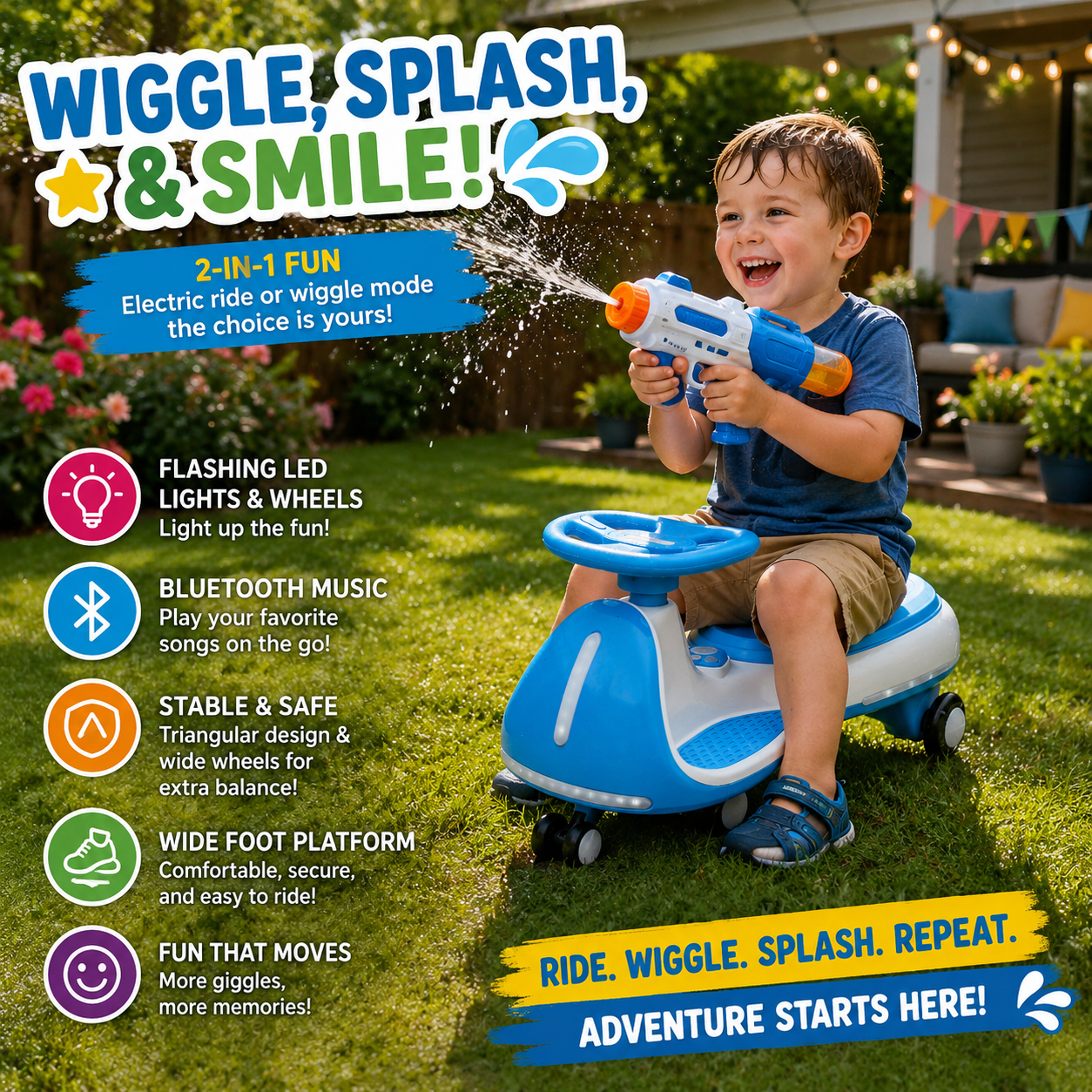 12V Kids Ride On Electric Wiggle Car W 2-in-1 Smart Design,Controllable LED Lights,Flashing PU Wheels&Wide Front Auxiliary Wheels,Triangular Stability Frame,5MPH Max Speed,Bluetooth Music,for Kids 3-8