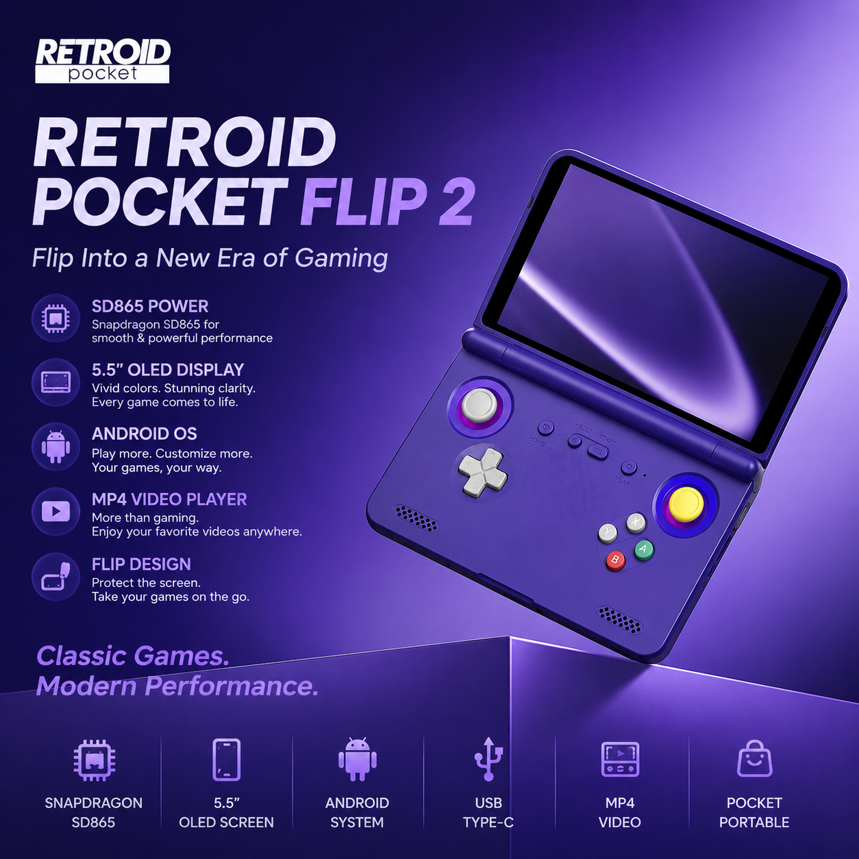 Retroid Pocket Flip 2 SD865 Android Handheld Gaming Console – 5.5" OLED Display, Portable Retro Game System