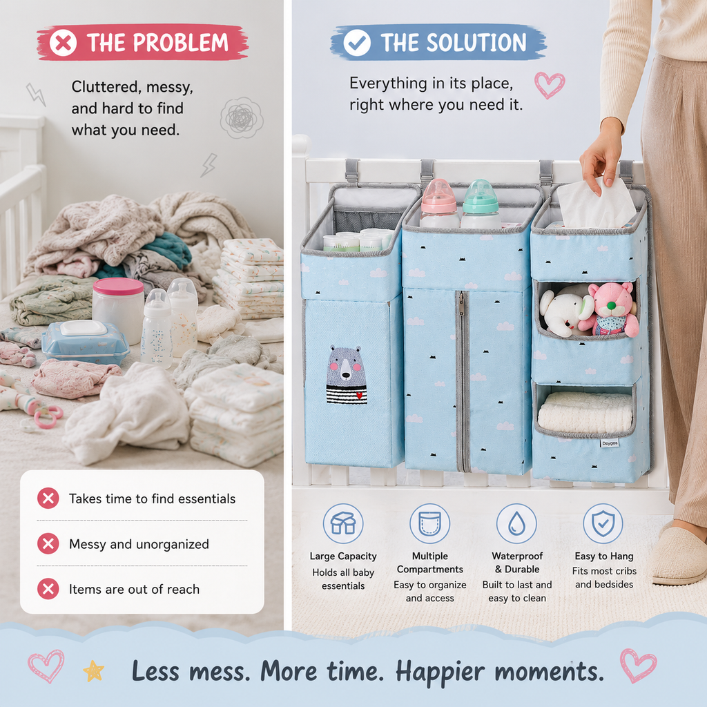 Baby Crib Hanging Organizer – Waterproof Nursery Storage Bag with Multiple Pockets