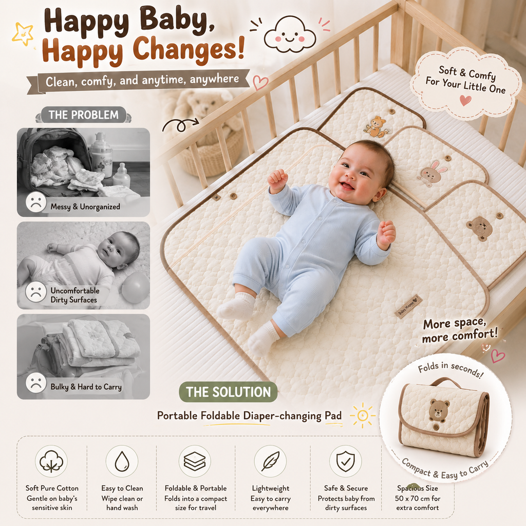 Portable Foldable Baby Diaper Changing Pad – Soft Cotton Travel Changing Mat