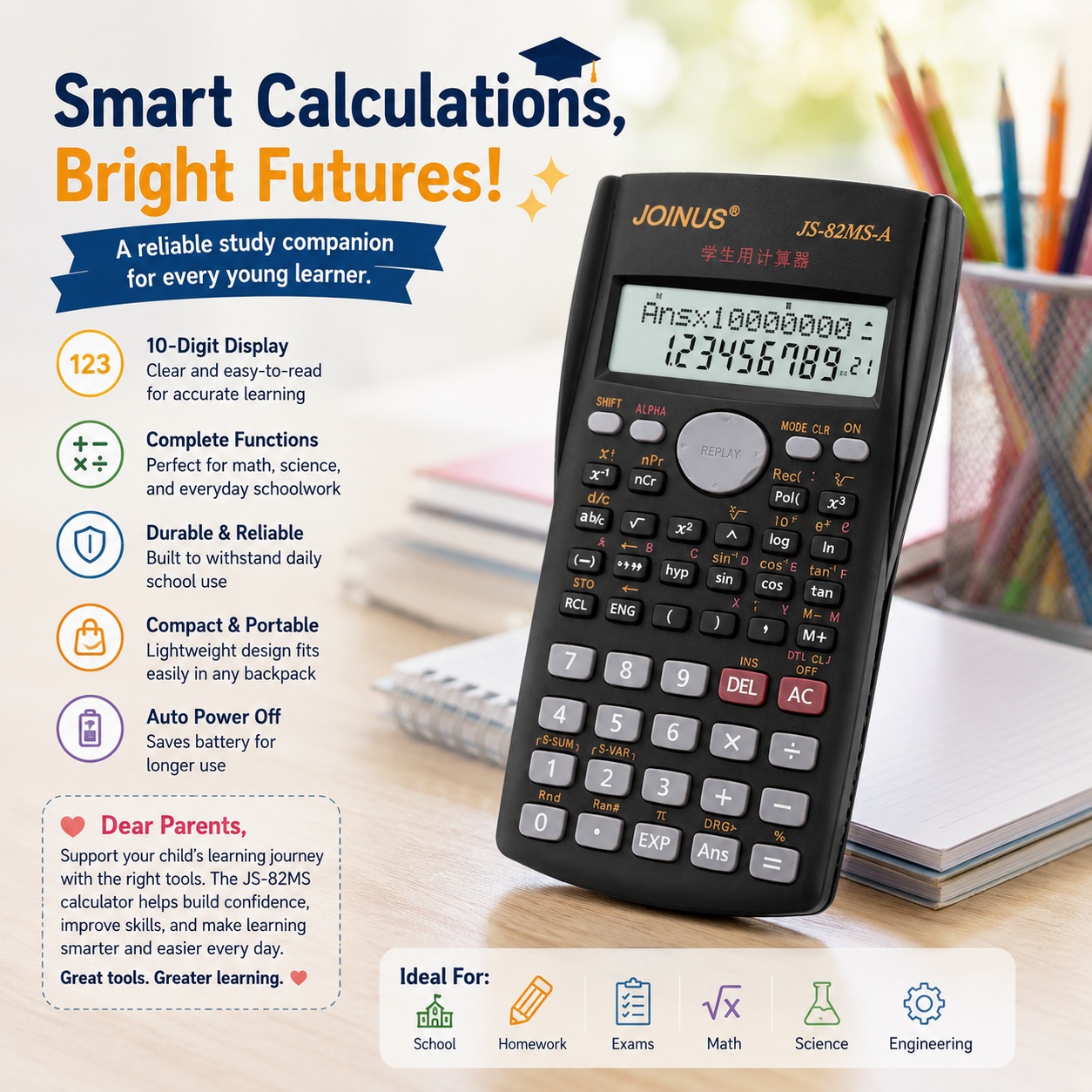 JS-82MS Scientific Calculator – 10-Digit Display with Advanced Math & Engineering Functions