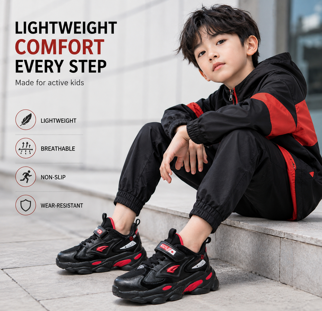 Kids Lightweight Velcro Sneakers – Breathable Non-Slip Casual Shoes