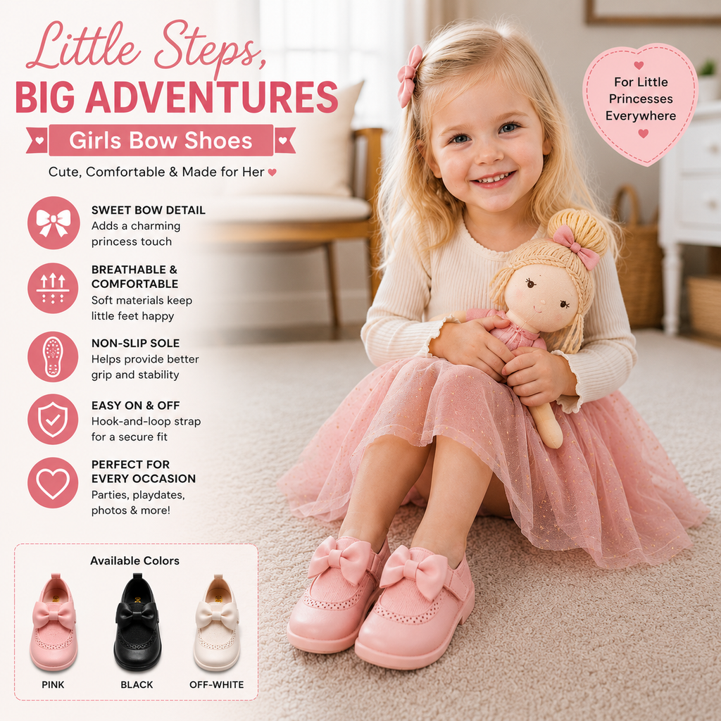Girls Bow Mary Jane Shoes – Breathable Non-Slip Toddler Dress Shoes