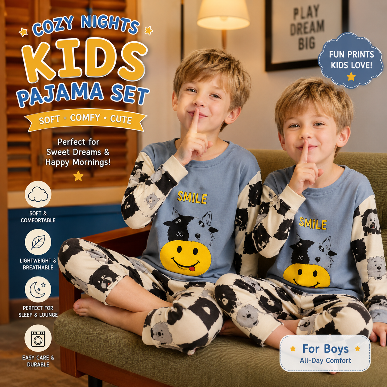 Kids Cotton Pajama Set – Long Sleeve Top & Pants for Boys & Girls