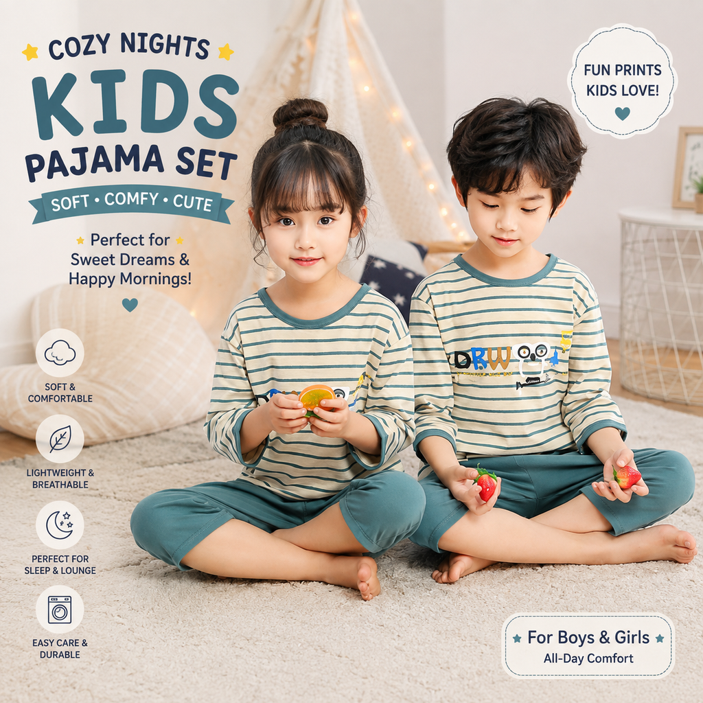 Kids Cotton Pajama Set – Long Sleeve Top & Pants for Boys & Girls