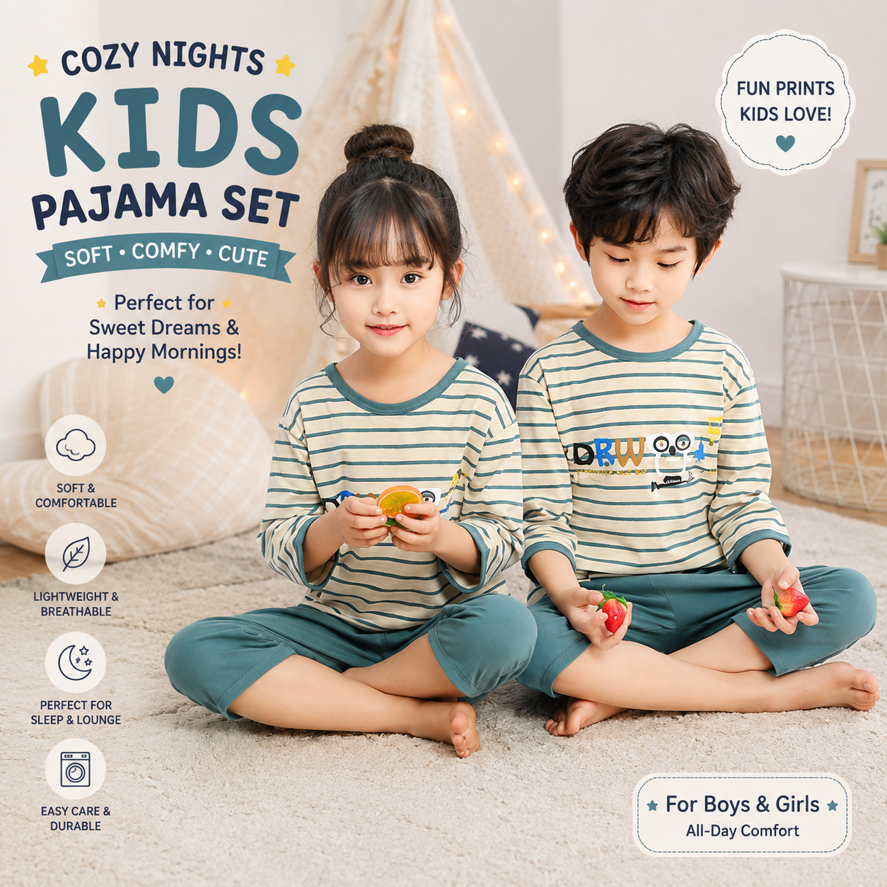 Kids Cotton Pajama Set – Long Sleeve Top & Pants for Boys & Girls