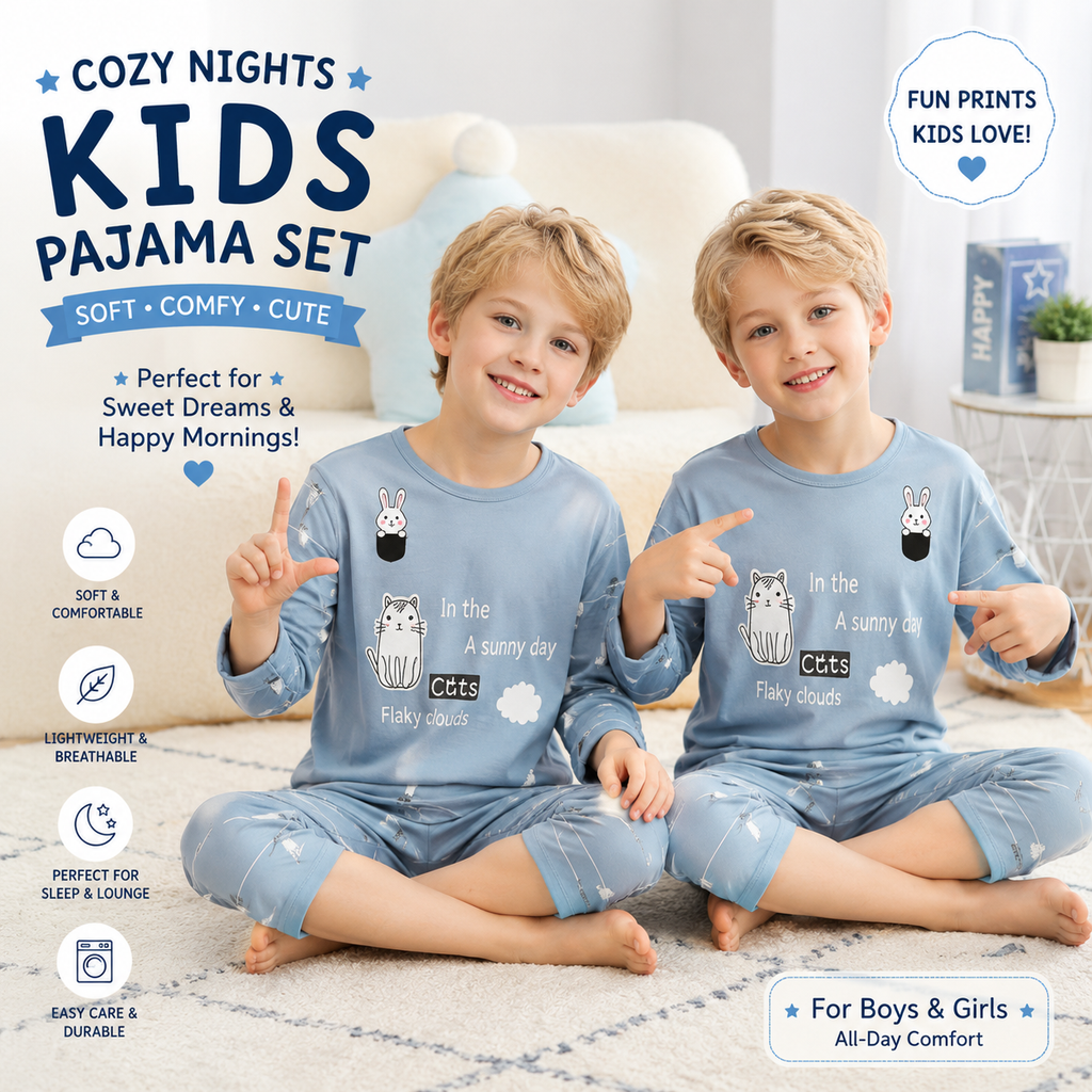 Kids Cotton Pajama Set – Long Sleeve Top & Pants for Boys & Girls