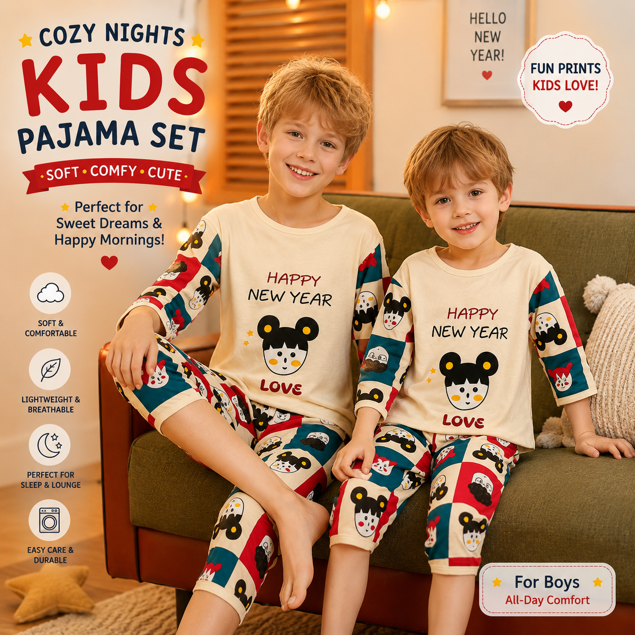 Kids Cotton Pajama Set – Long Sleeve Top & Pants for Boys & Girls