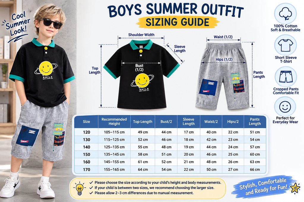 Boys Cotton Summer Outfit Set – Short Sleeve T-Shirt & Cropped Pants