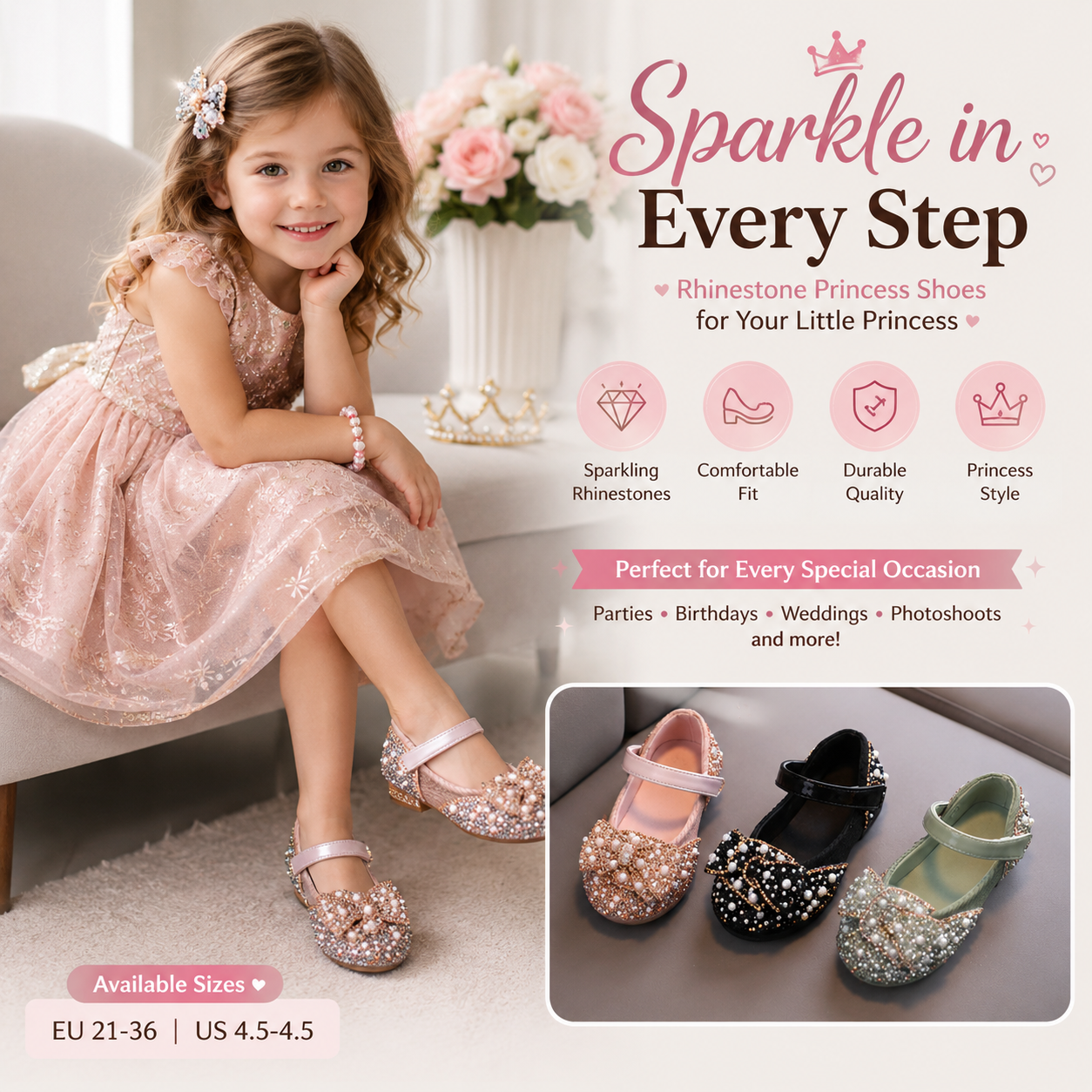 Girls Sparkling Rhinestone Mary Jane Shoes – Glitter Princess Dress Shoes