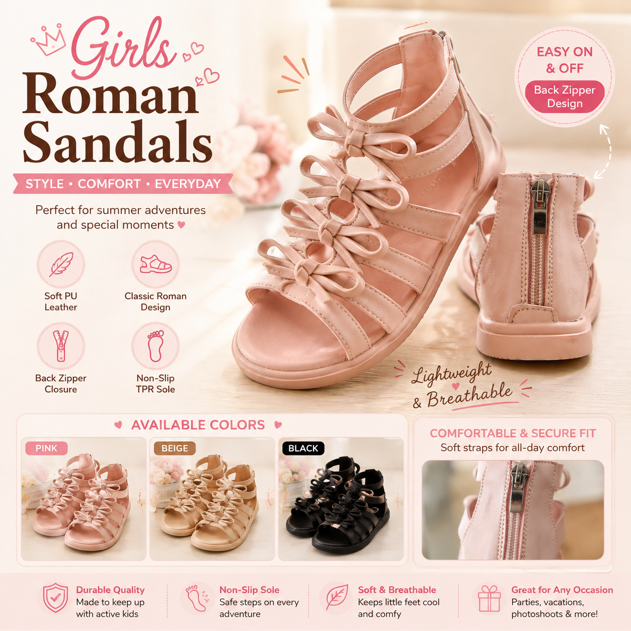 Girls Summer Gladiator Sandals – Soft Leather Roman-Style Shoes