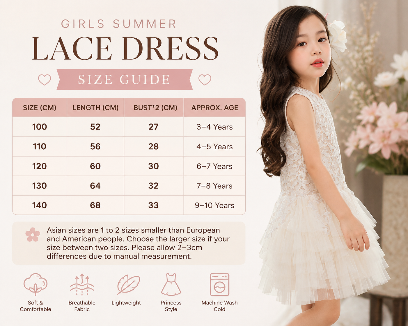 Girls' Sleeveless Lace Princess Dress – Elegant Party & Special Occasion Dress
