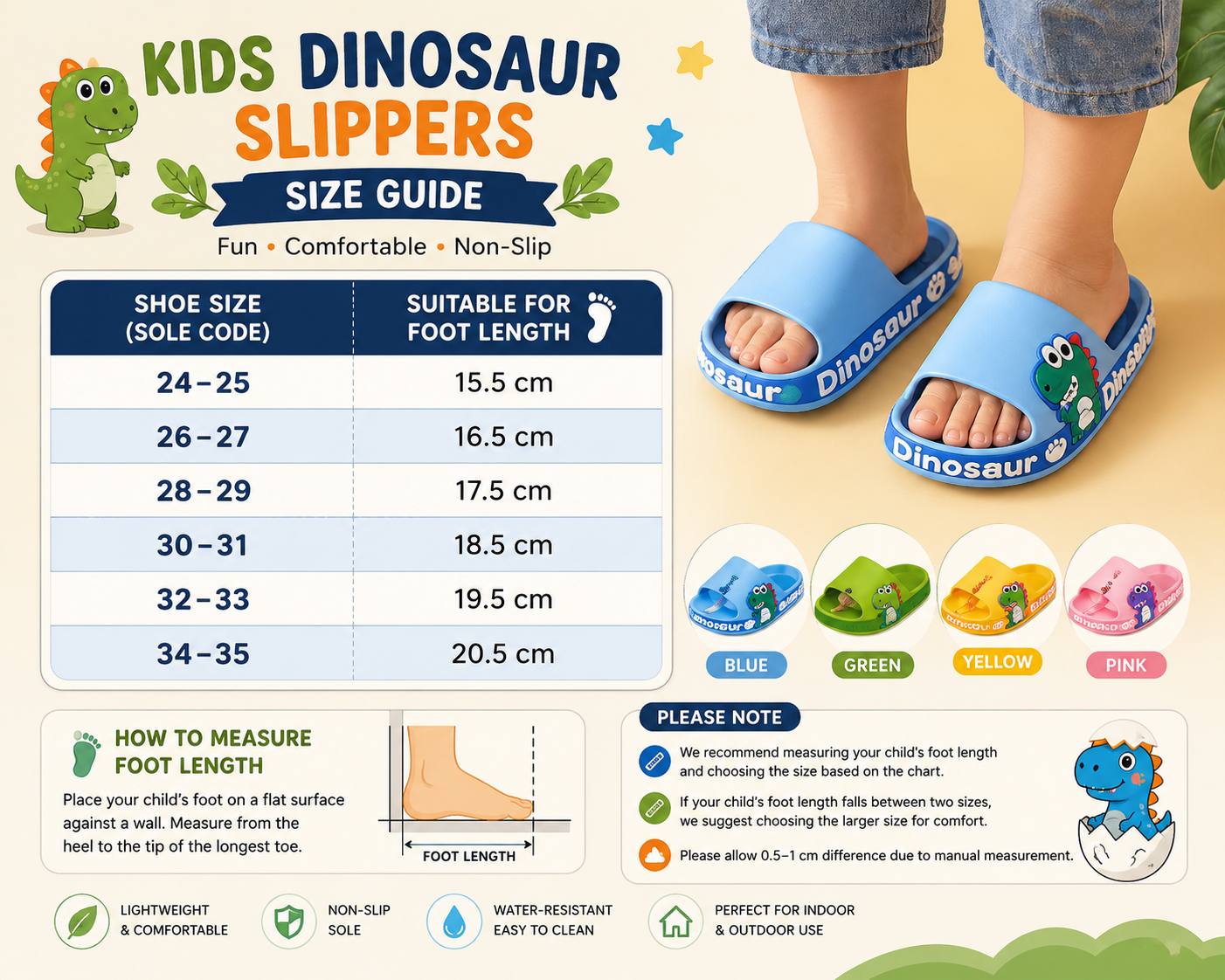 Kids' Cartoon Dinosaur Slide Sandals – Lightweight Non-Slip Summer Slippers