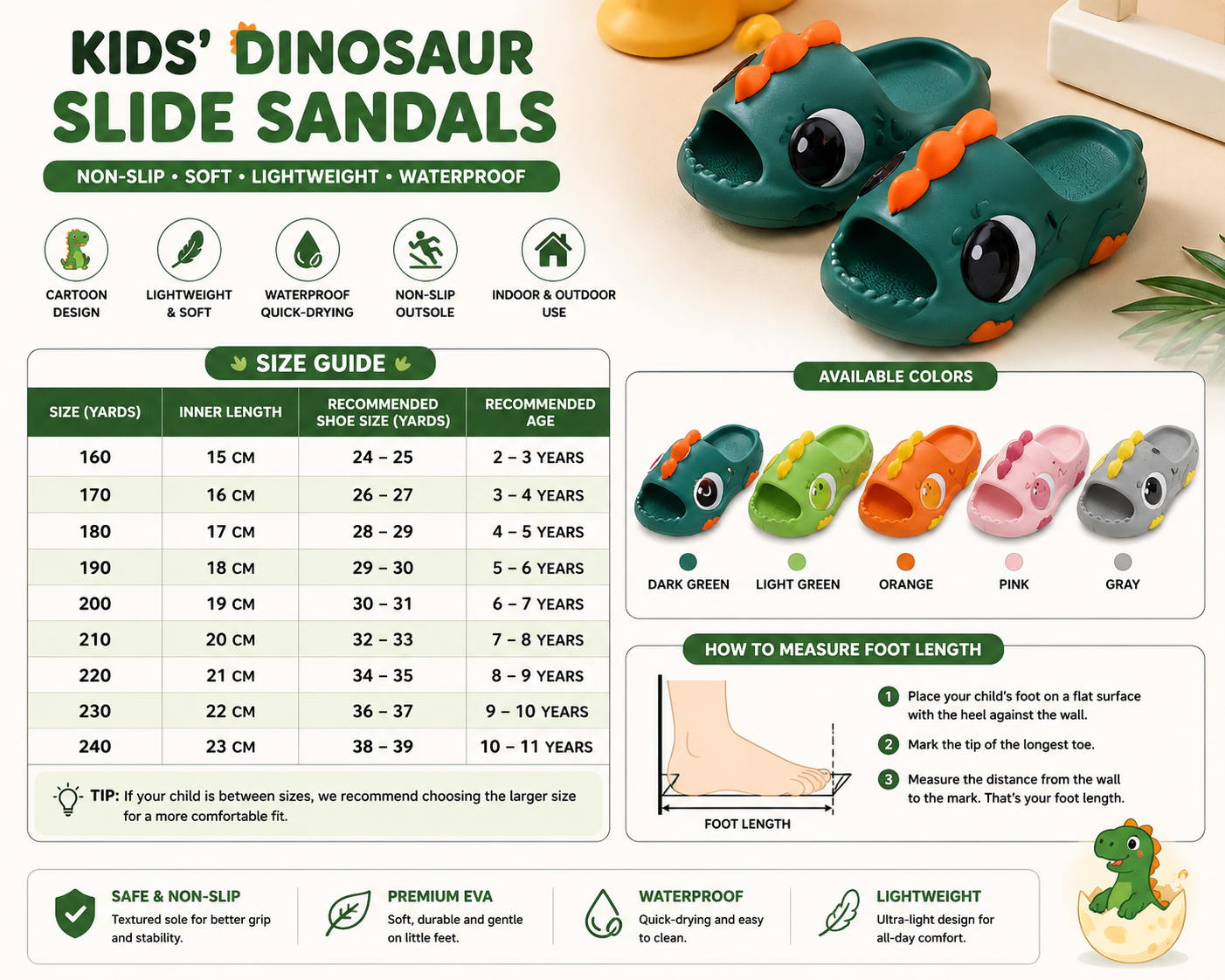 Kids' Cartoon Dinosaur Slide Sandals – Non-Slip EVA Bathroom & Summer Slippers