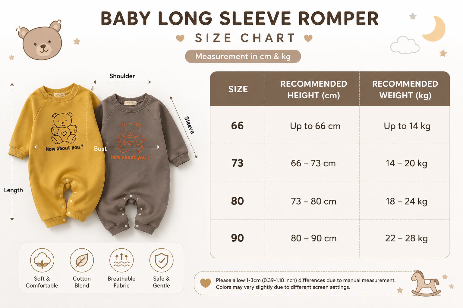 Baby Cotton Long Sleeve Romper – Soft Bear Print Jumpsuit for Boys & Girls