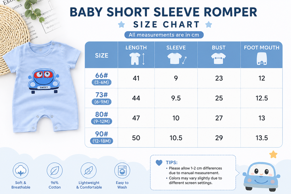 Baby Cotton Short Sleeve Romper – Soft Summer Jumpsuit for Boys & Girls