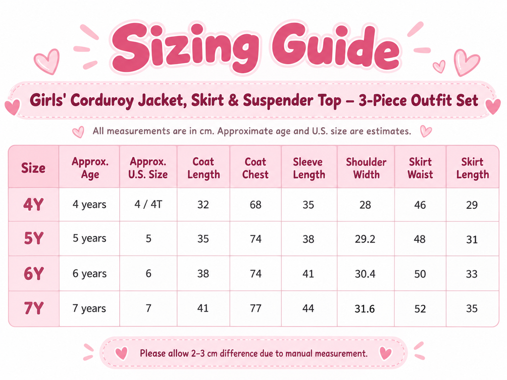 Girls' Corduroy Jacket, Skirt &amp; Suspender Top – 3-Piece Outfit Set