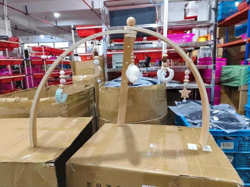 Wooden Baby Play Gym with Hanging Sensory Toys & Cloud Pendant