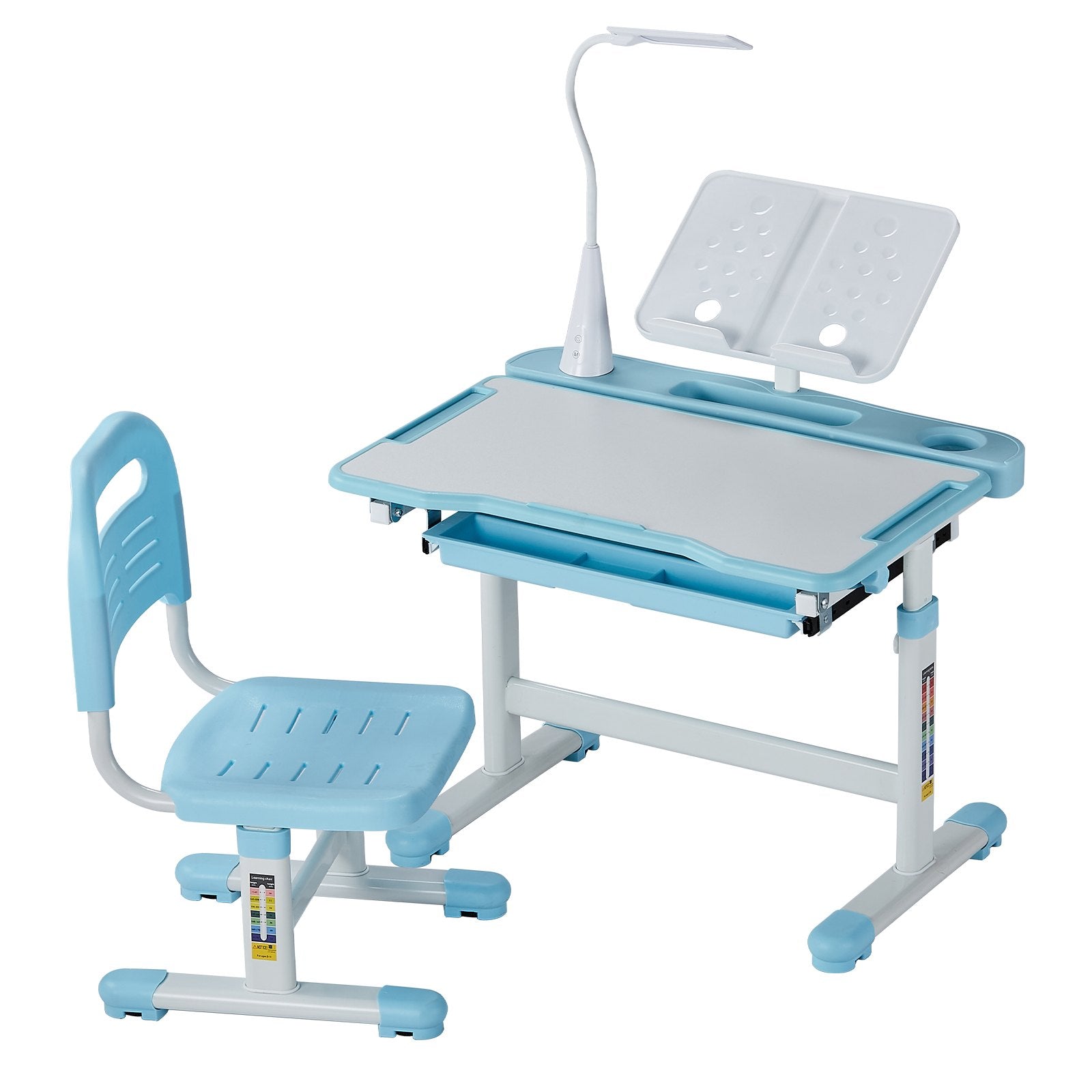 Kids Adjustable Study Desk and Chair Set with LED Table Lamp, Bookshelf & Storage Drawer