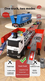 Kids' Transforming Container Truck & Race Car Track Set – Multi-Level Car Launcher with Mini Cars