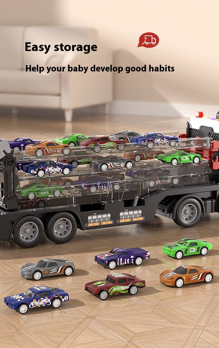 Kids' Transforming Container Truck & Race Car Track Set – Multi-Level Car Launcher with Mini Cars