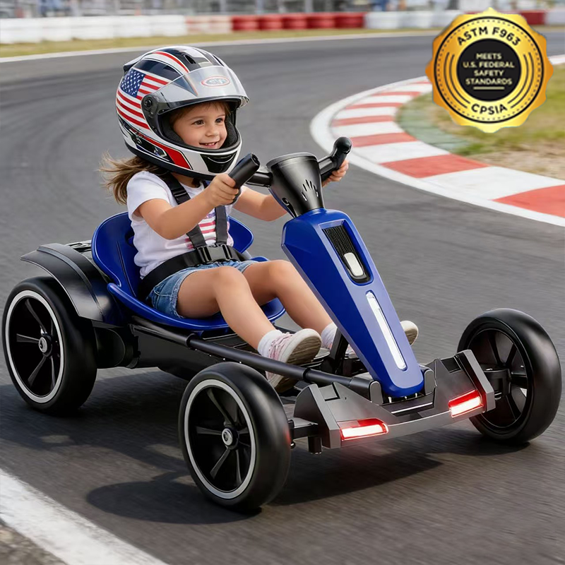 12V Electric Go Kart for Kids – Foldable 4-Wheel Ride-On with Adjustable Seat, LED Lights & Bluetooth – Blue