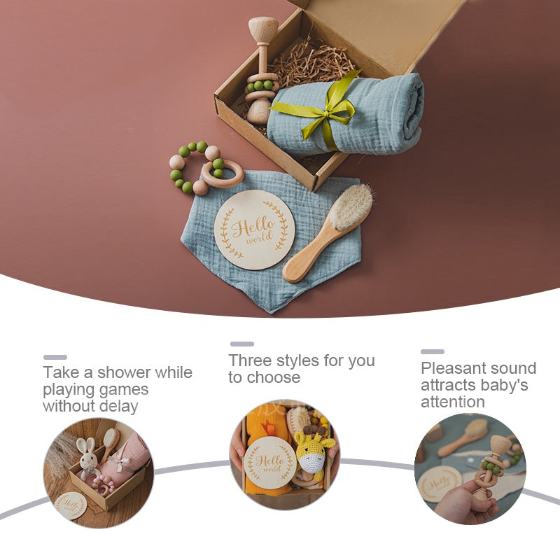 Newborn Baby Gift Set with Blanket, Wooden Toys & Milestone Card